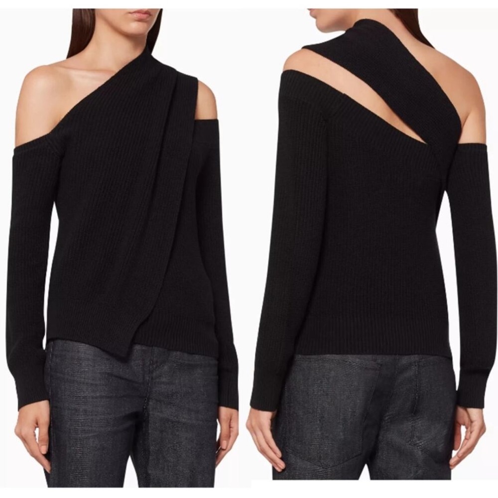 RtA Black Juliet  Asymmetrical Off-Shoulder Knit Sweater